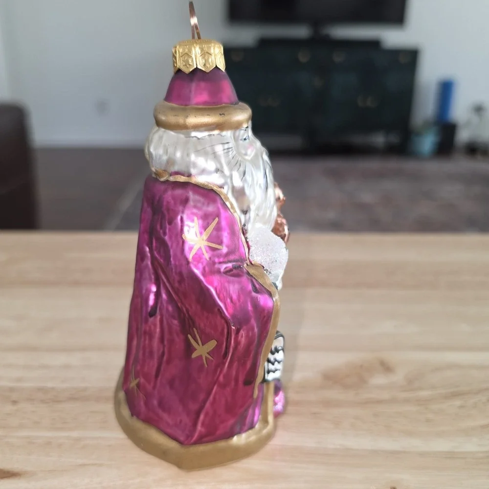 Blown Glass Confucius Santa Ornament: Purple and Gold Wizard Holiday Tree